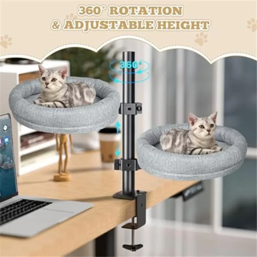Cat Desk Bed Elevated Adjustable Height Rotating Indoor Cat Lounge Grey Up to 40